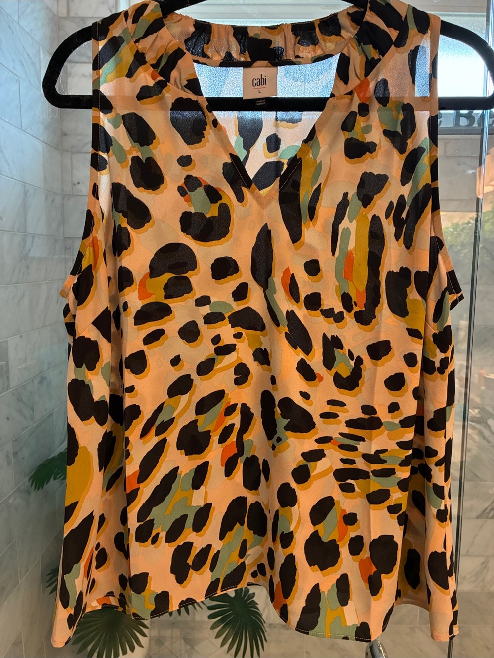 CAbi L NWOT Leopard Print V-Neck Sleeveless Top with Black & Olive Accents